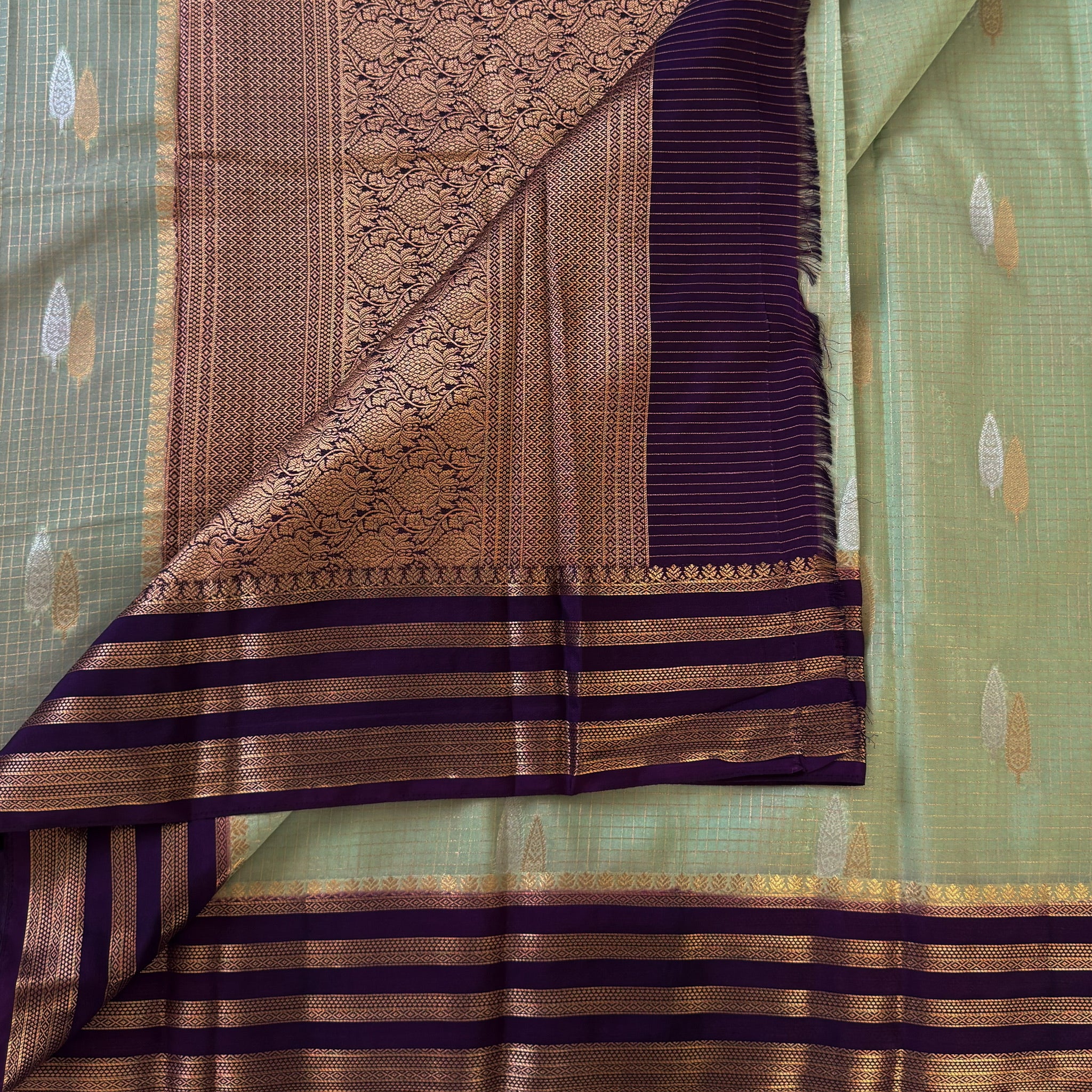 Pistachio Green Silk Saree Royal Purple Brocade Pallu Gold Border