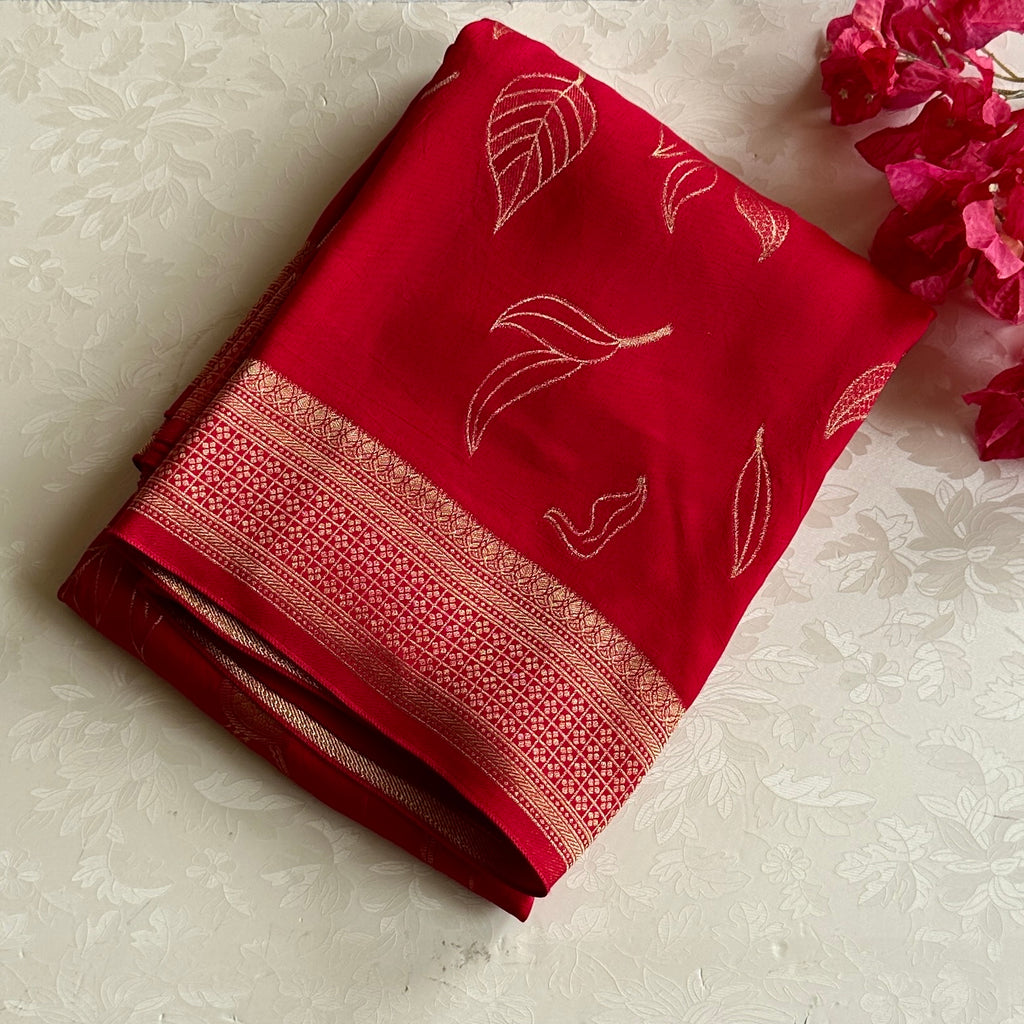 Scarlet Silk Saree Gold Bird Leaf Woven Pallu Border Elegant Traditional