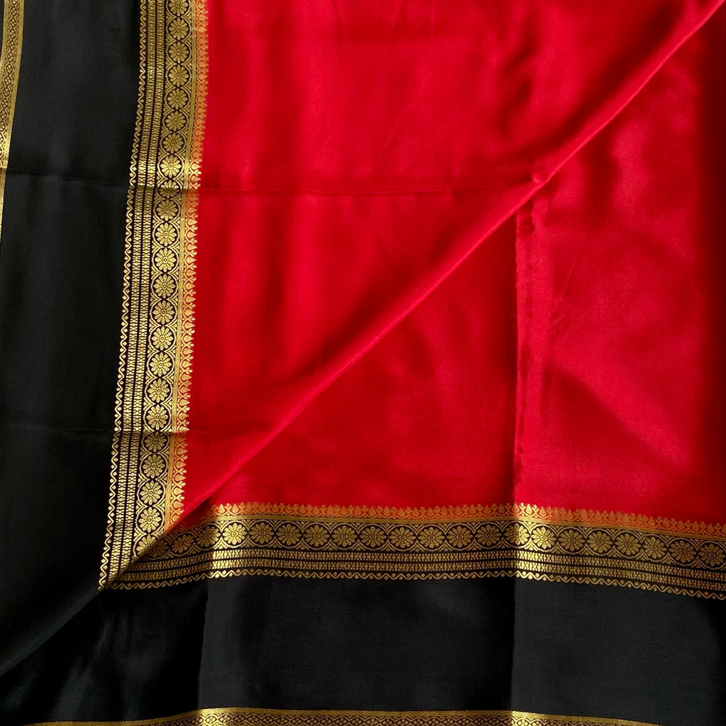 Scarlet Red Mysore Crepe Silk Saree With Jet Black Border