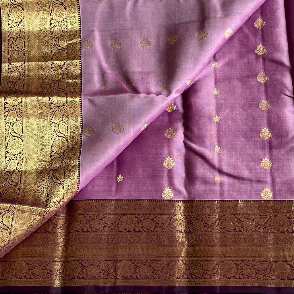 Metallic Mauve Designer Pure Silk Saree With Antique Gold Purple Pallu