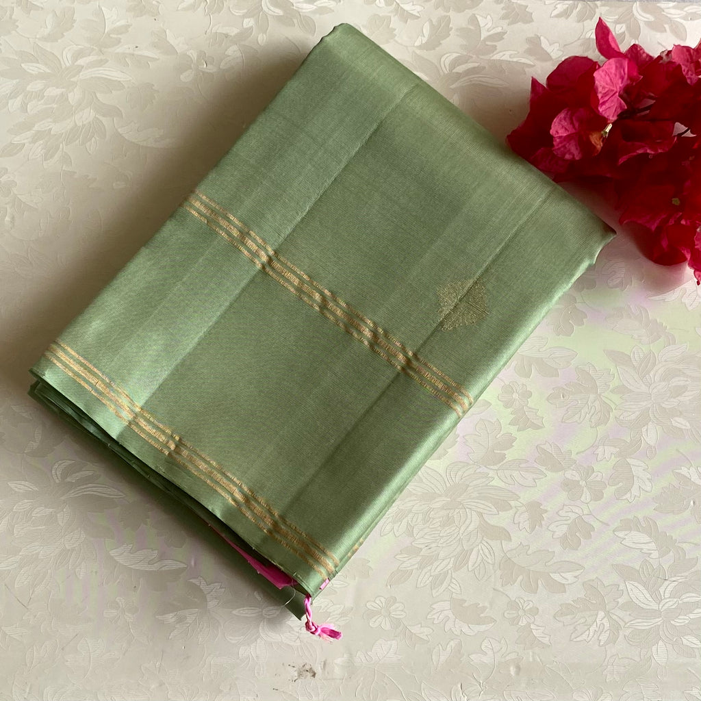 Sage Green Designer Pure Silk Saree With Rose Pink Pallu
