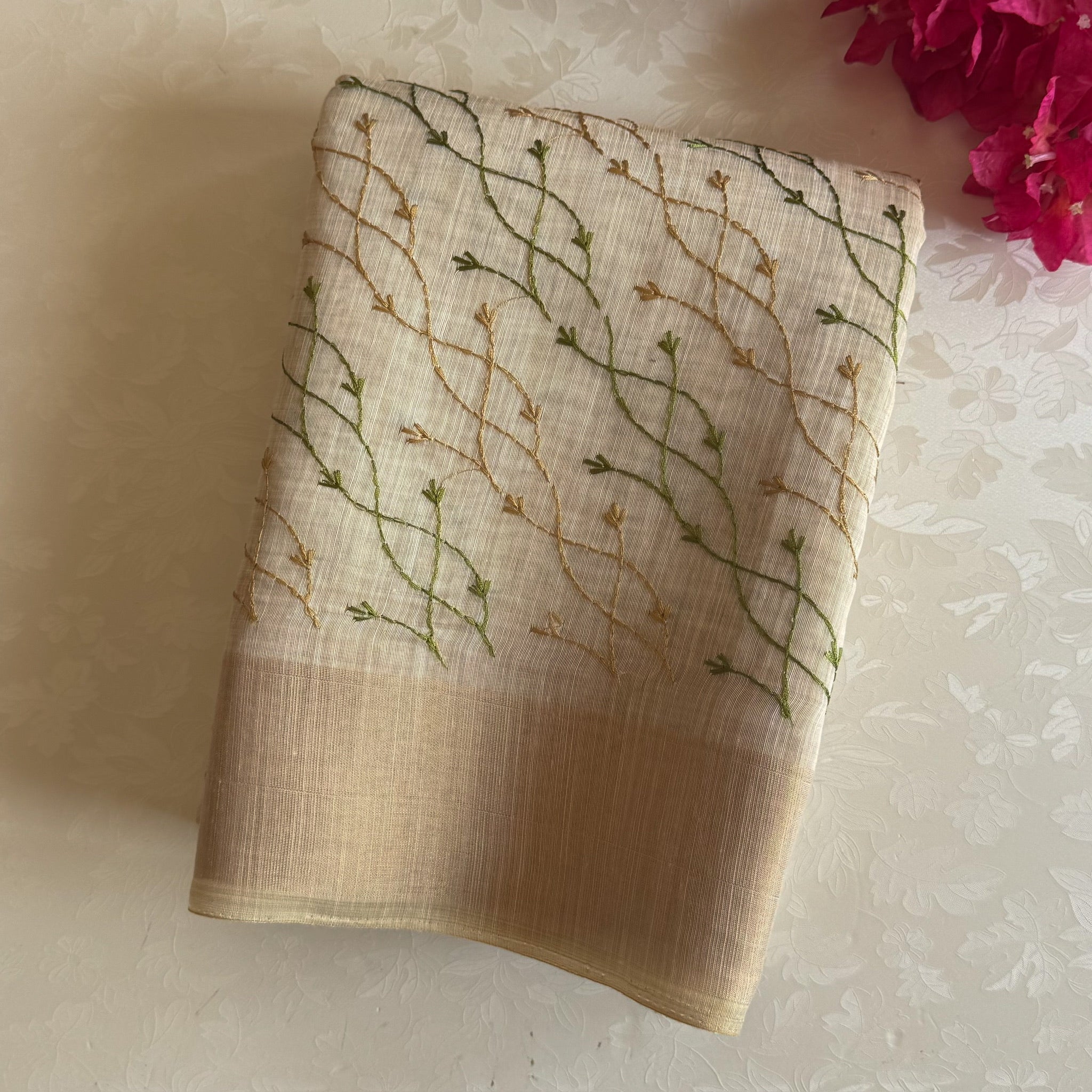 Ivory Taupe Vine Embroidered Saree Lightweight Fringed Pallu Elegant Traditional