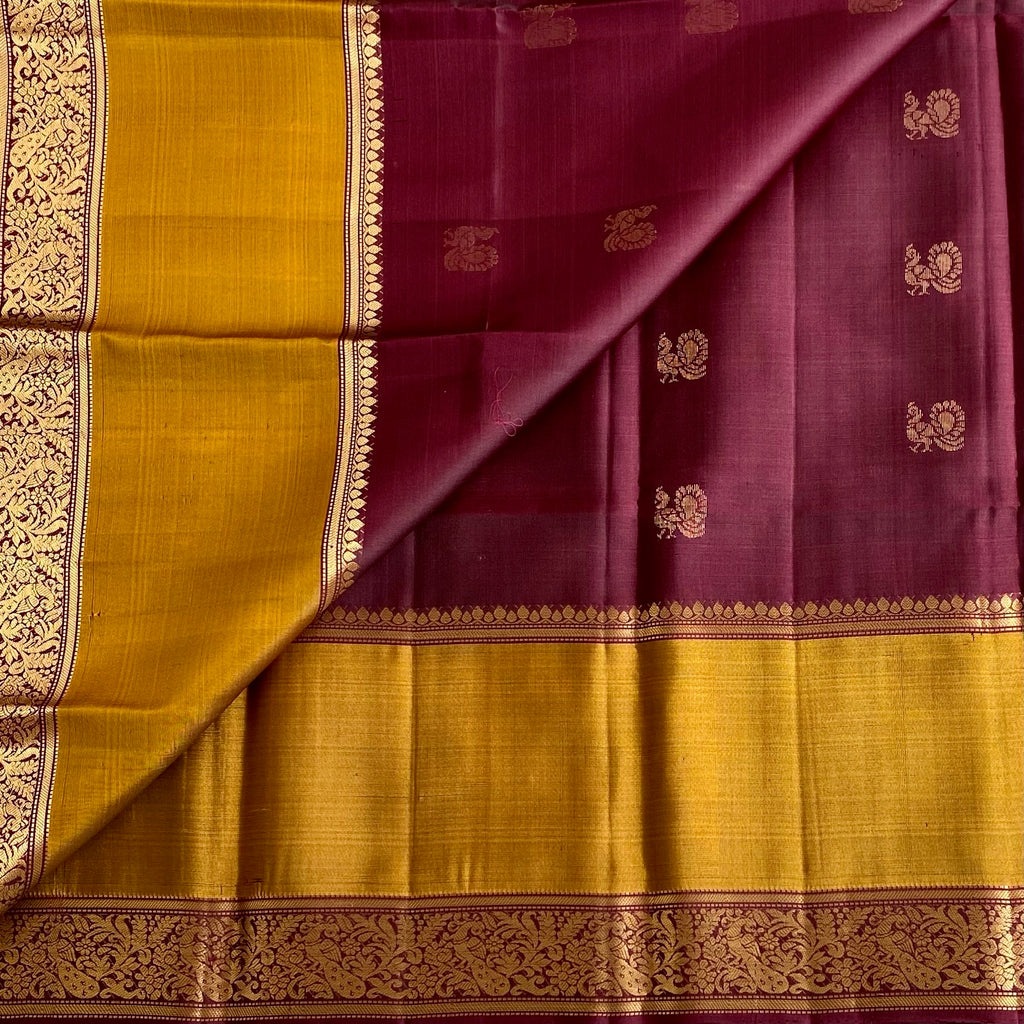 Wine Brown Designer Handwoven Pure Silk with Jaggery Gold Contrast