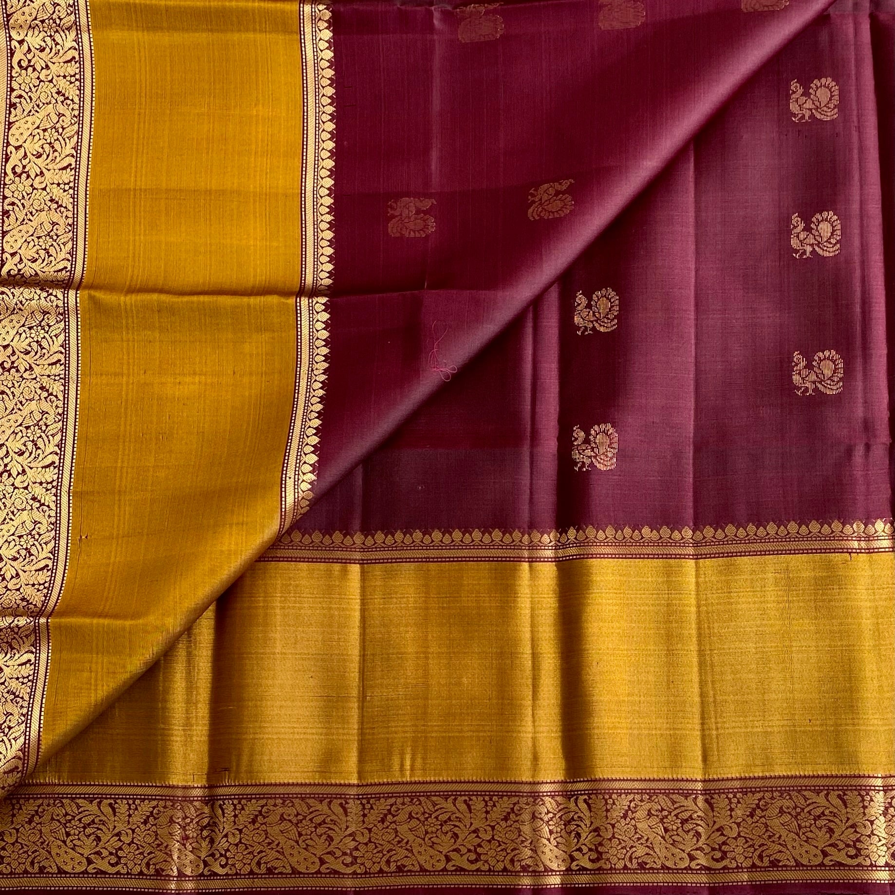 Wine Brown Designer Handwoven Pure Silk with Jaggery Gold Contrast