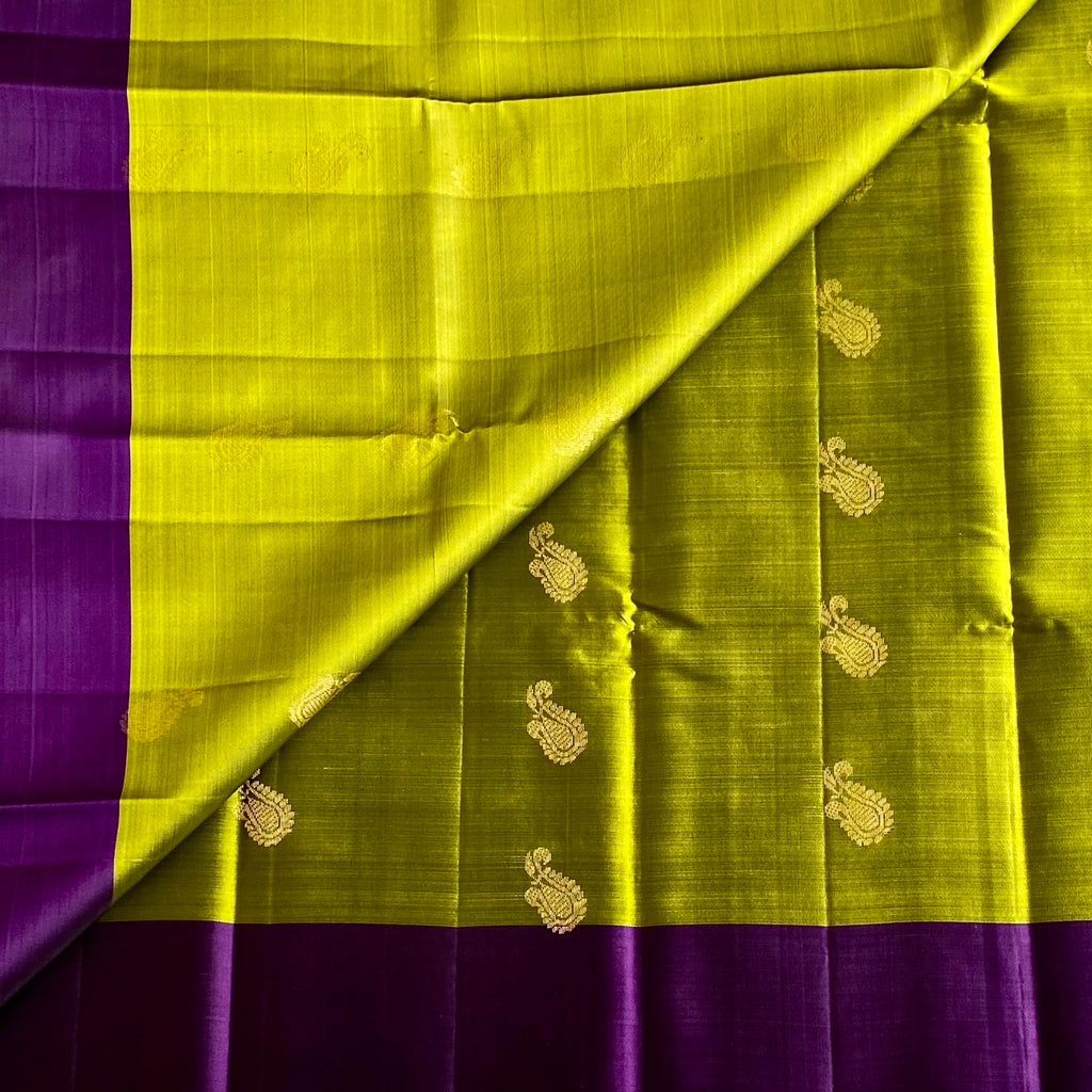 Chartreuse Green Designer Pure Silk Saree With Deep Purple Pallu