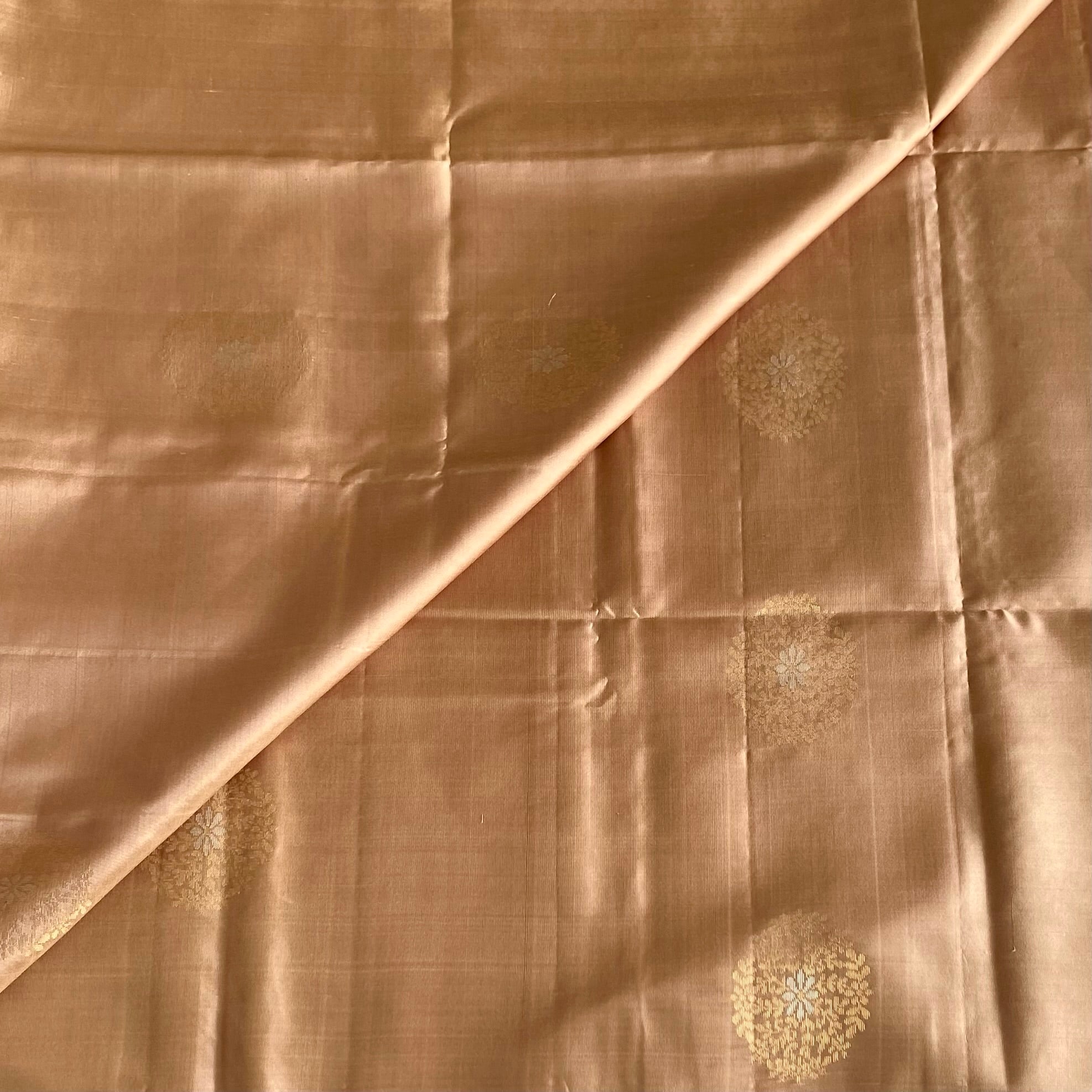 Champagne Designer Pure Silk Saree With Antique Gold Buttas