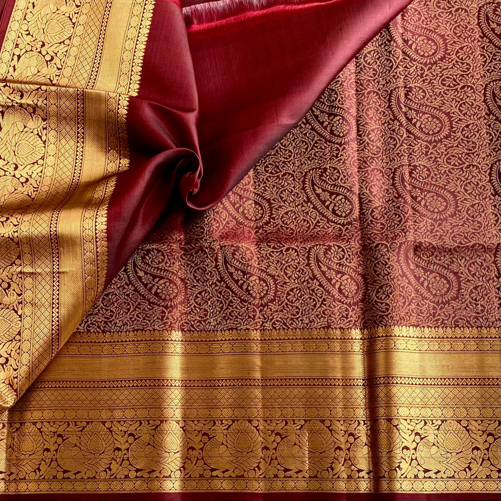 Coffee Wine Designer Brocade Pure Silk Saree With Antique Gold Jaal Border