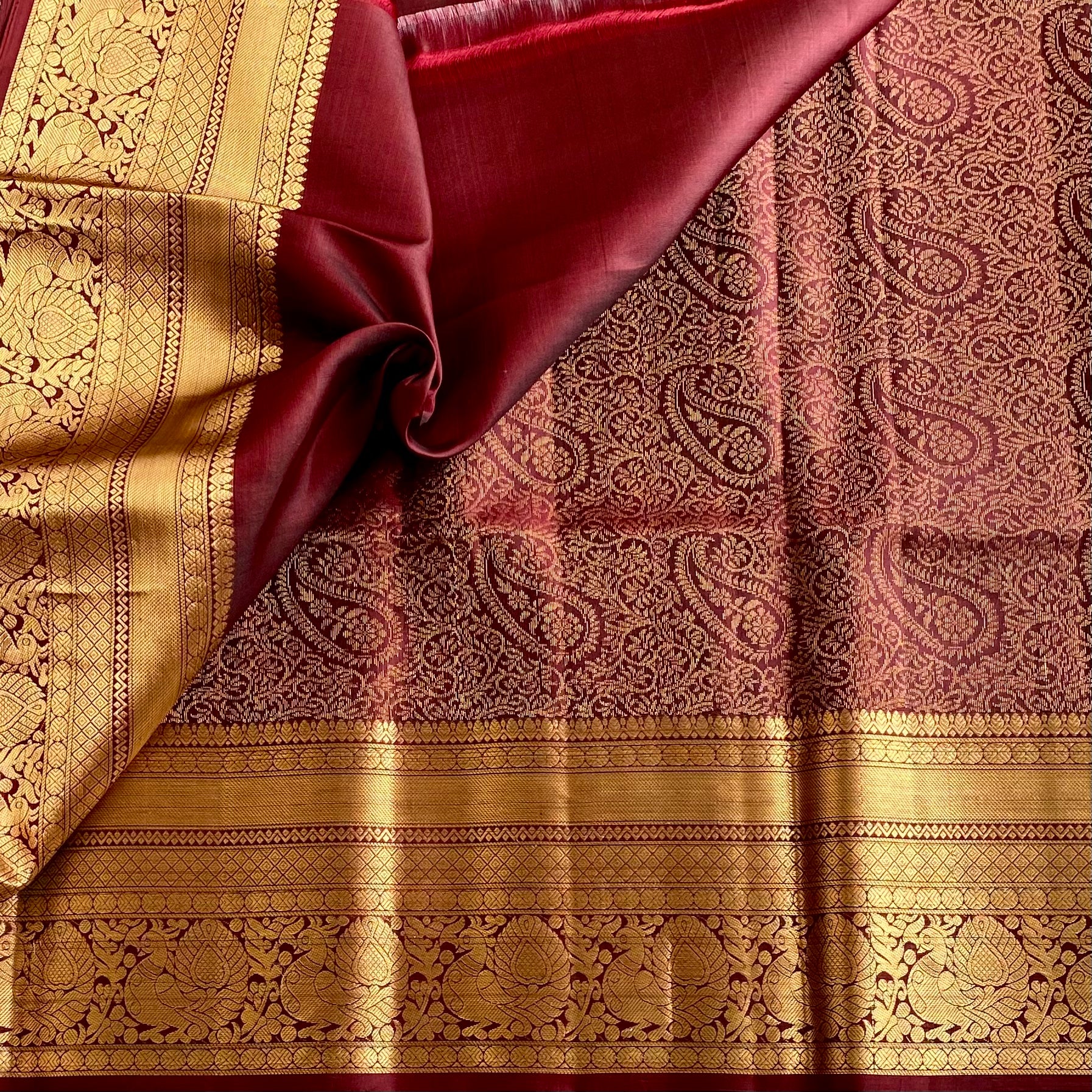 Coffee Wine Designer Brocade Pure Silk Saree With Antique Gold Jaal Border
