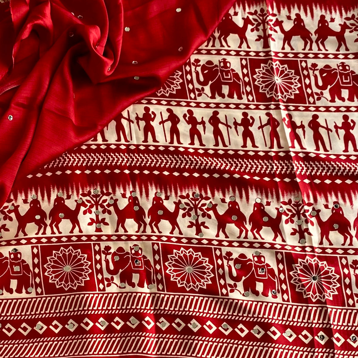 Deep Crimson Maroon Softest Satin Saree With Mirror Work