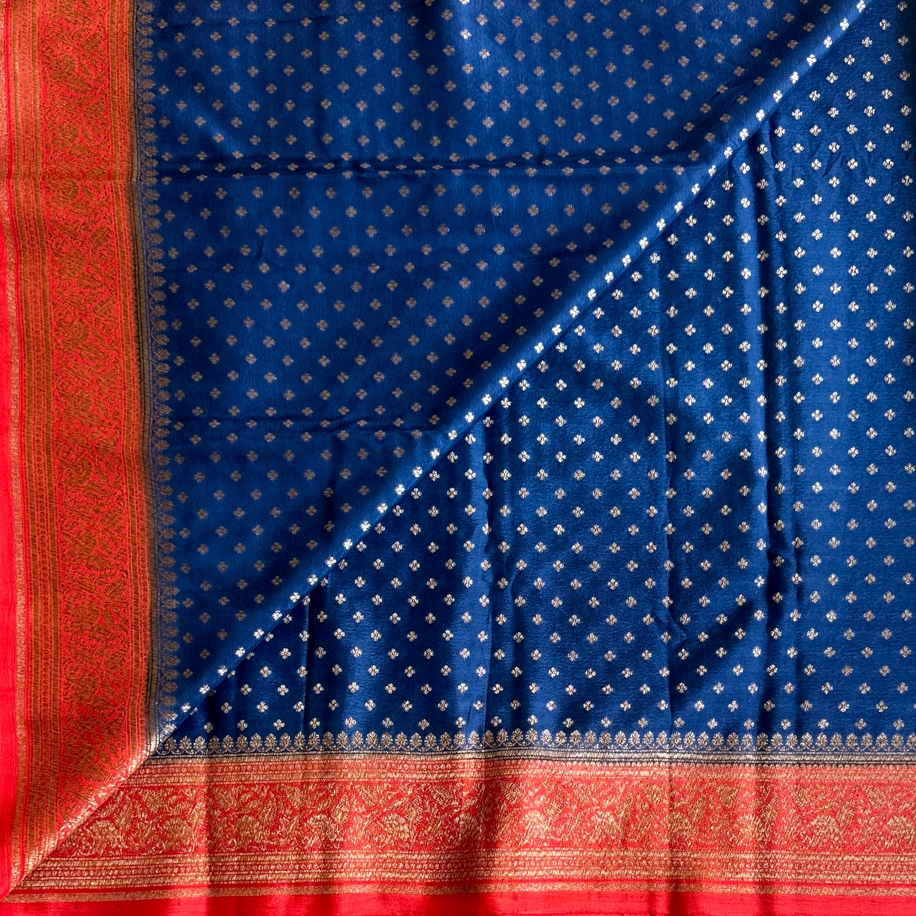 Denim Blue Banarasi Soft Crepe with  Red Pallu Gold Brocade Traditional