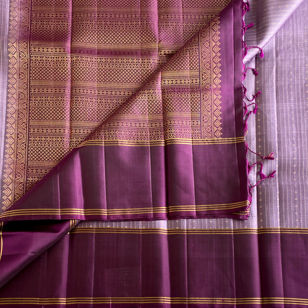 Metallic Lavender Designer Pure Silk Saree With Purple Intricate Pallu