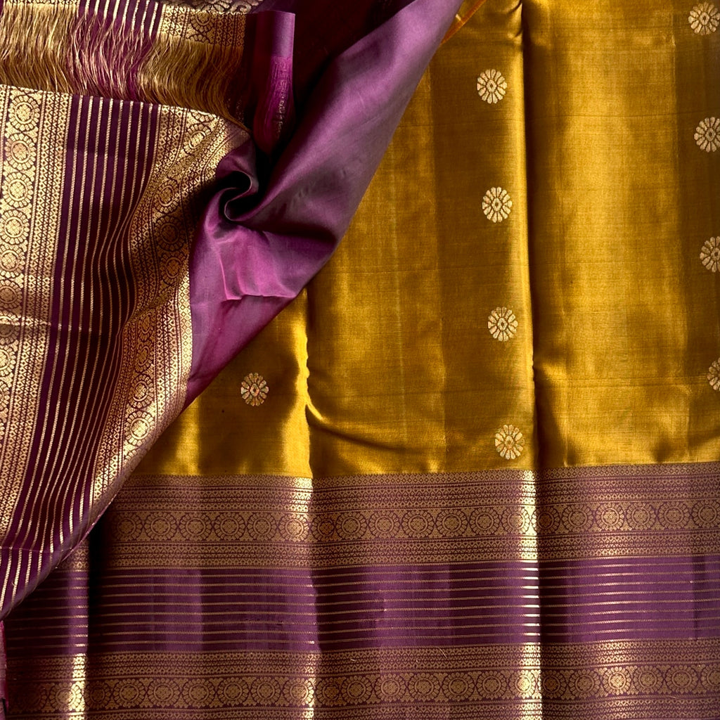 Deep Honey Mustard with rich purple designer pure Kanchi Silk