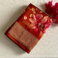 Trending Brick Orange Jute Tussar Silk With Antique Zari Pallu & Dreamy Prints