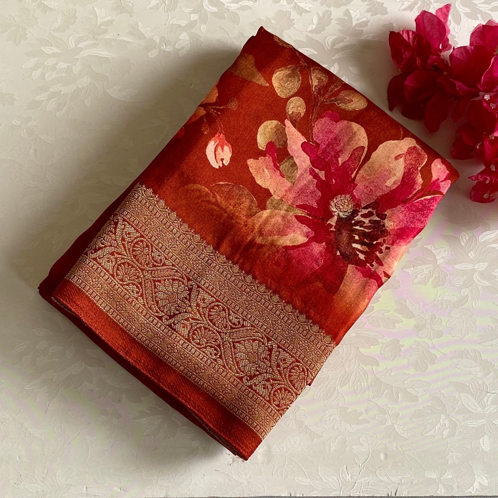 Trending Brick Orange Jute Tussar Silk With Antique Zari Pallu & Dreamy Prints