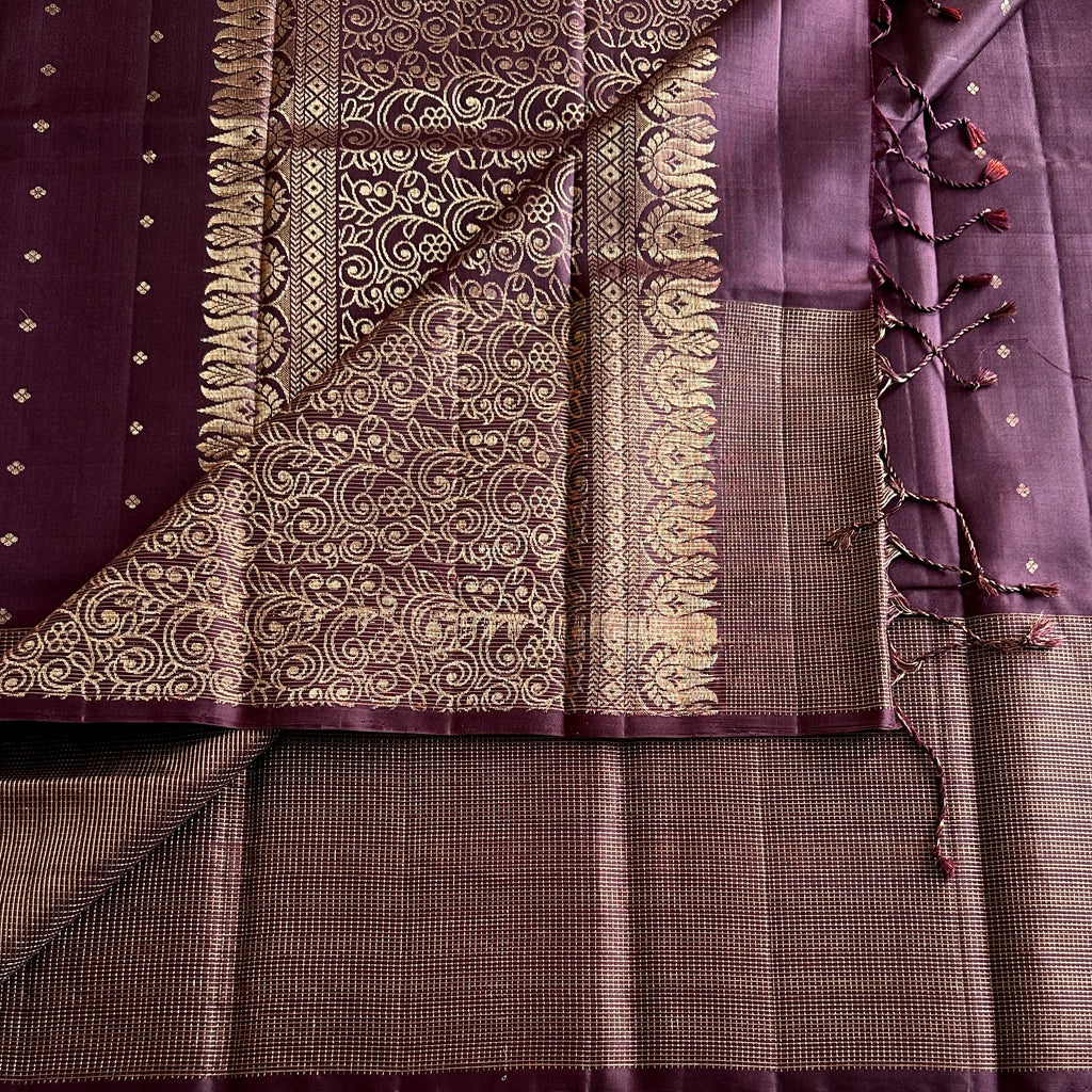 Deep Wine Checkered Pure Silk With Gold intricate Pallu lightweight elegance