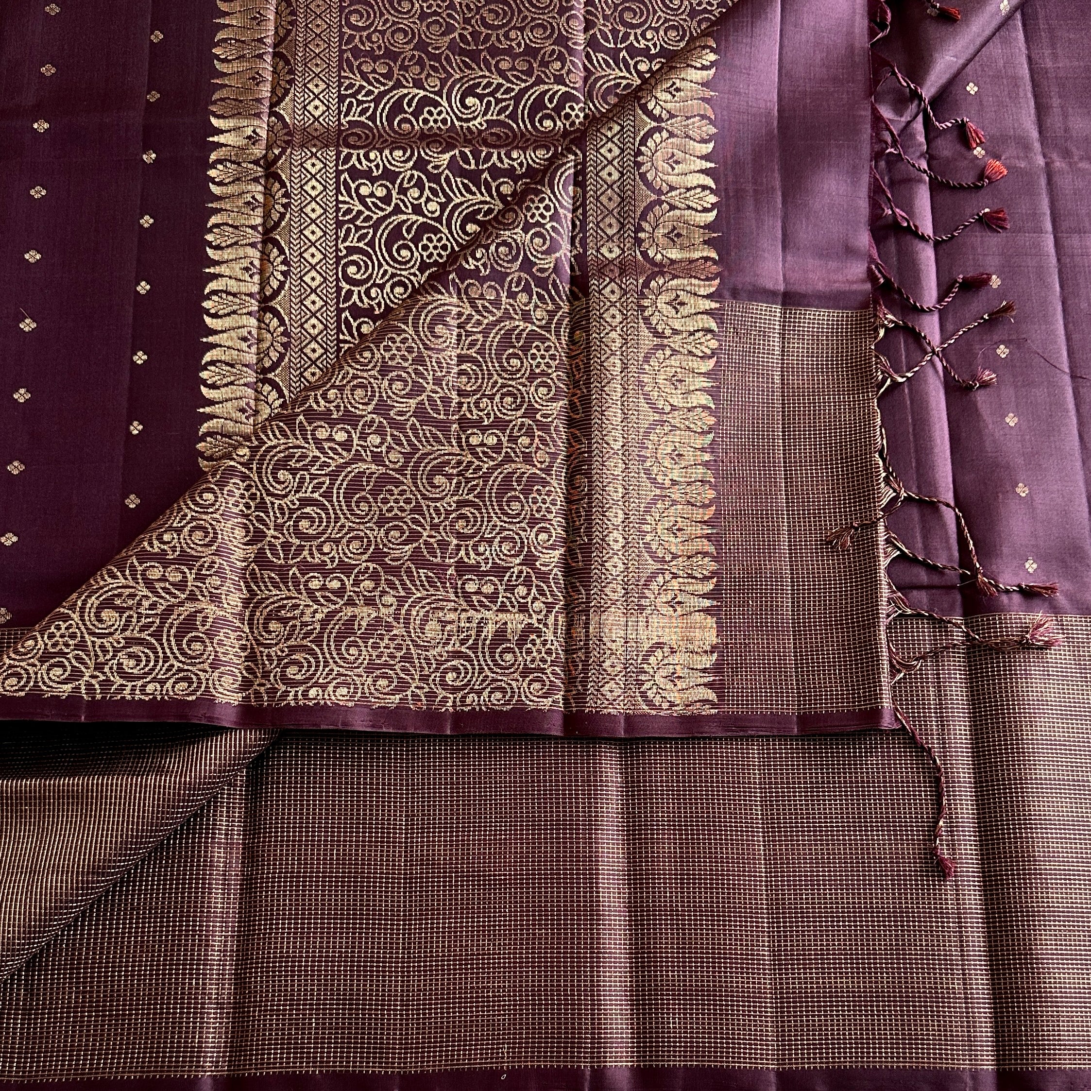 Deep Wine Checkered Pure Silk With Gold intricate Pallu lightweight elegance
