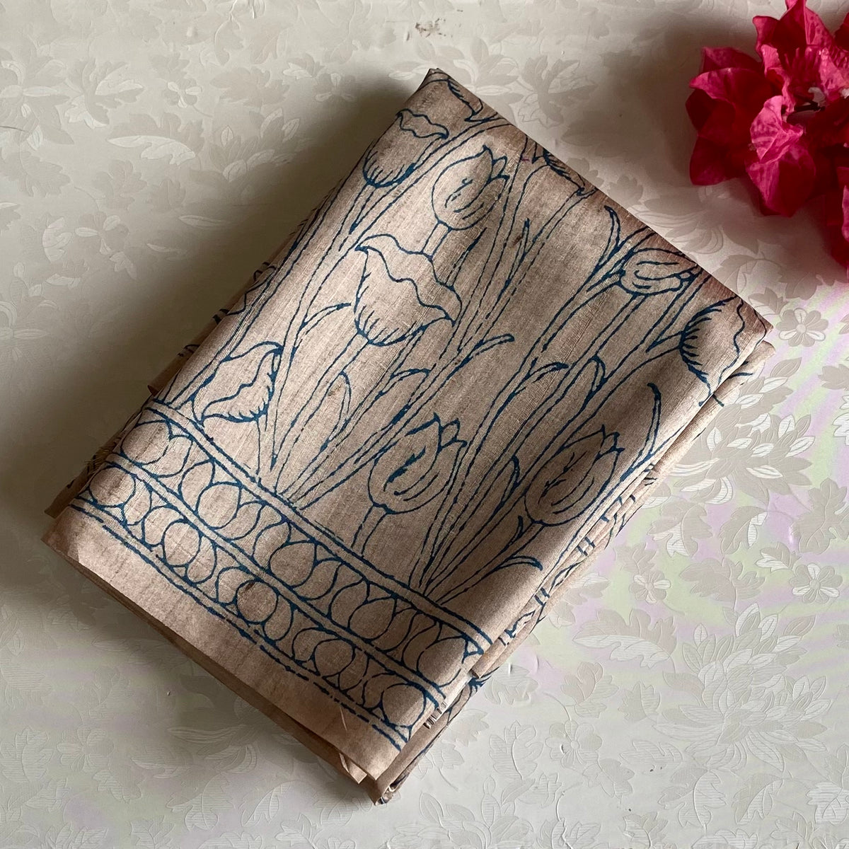 Natural Beige Soft Tussar Silk Saree With Teal Blue Pallu