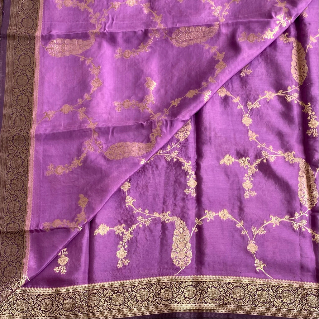 Bright Violet Soft Tussar Silk Saree With Zari Gold Pallu