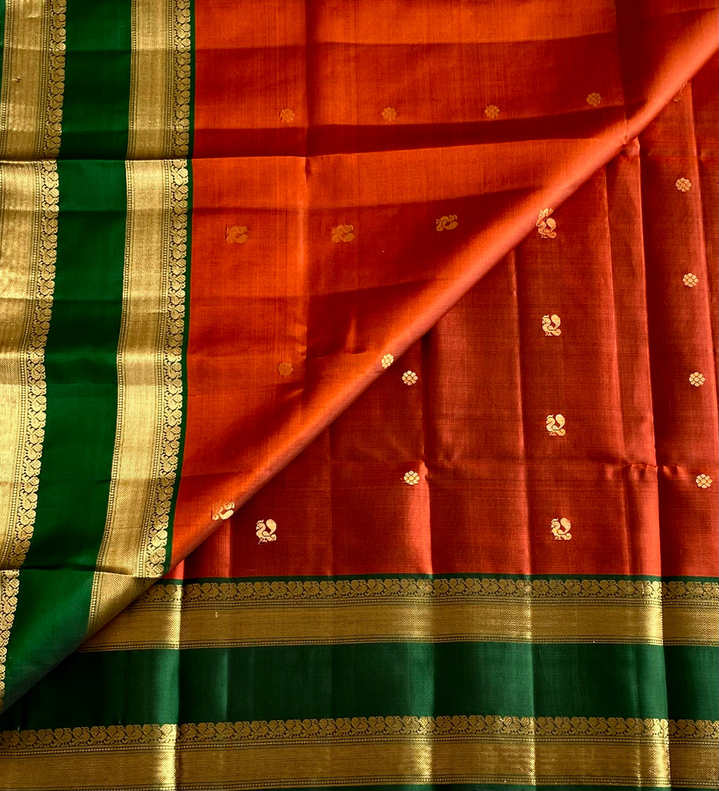 Emerald Teal Saree with Antique Gold Zari and Magenta Pallu