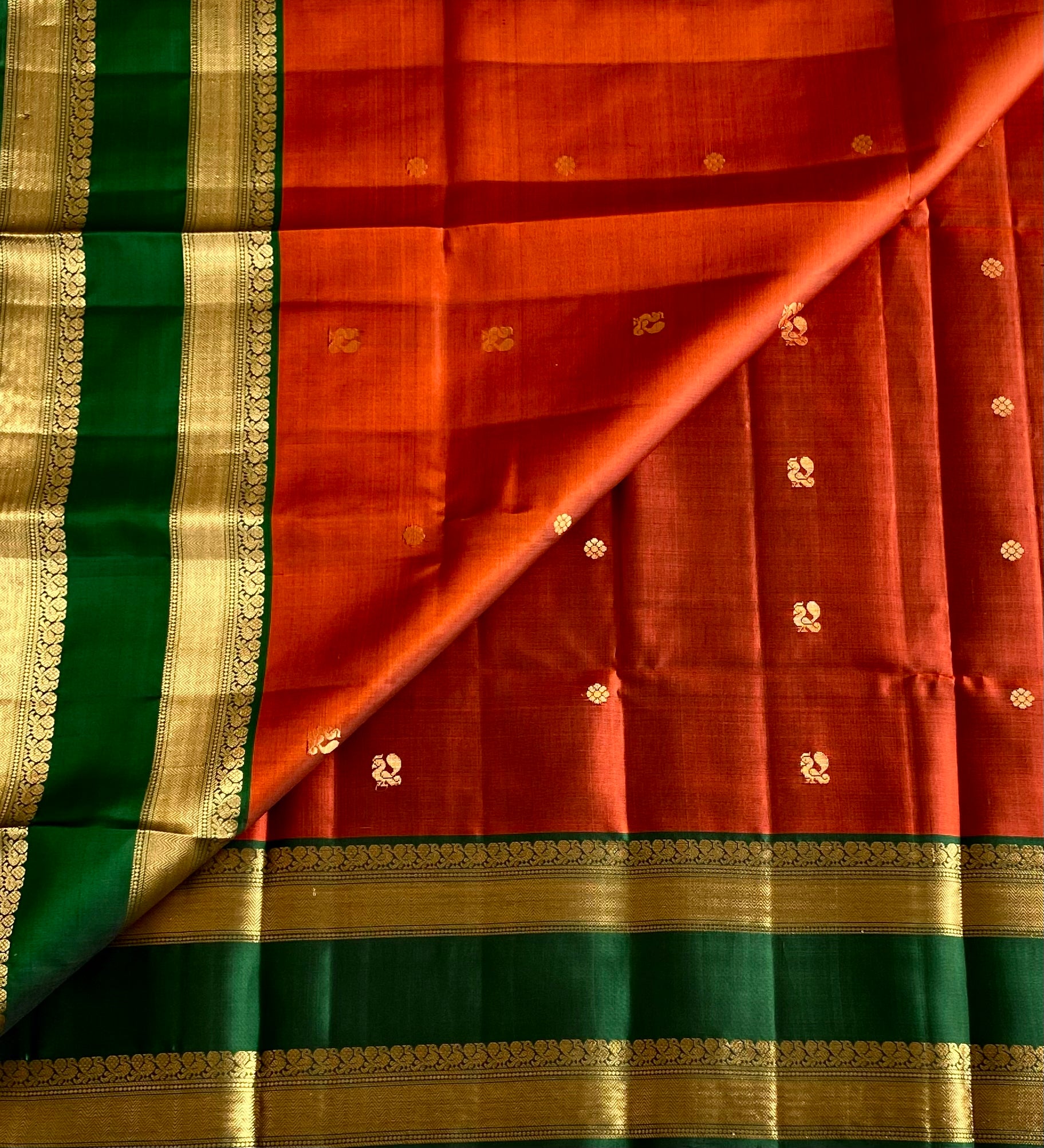 Emerald Teal Saree with Antique Gold Zari and Magenta Pallu