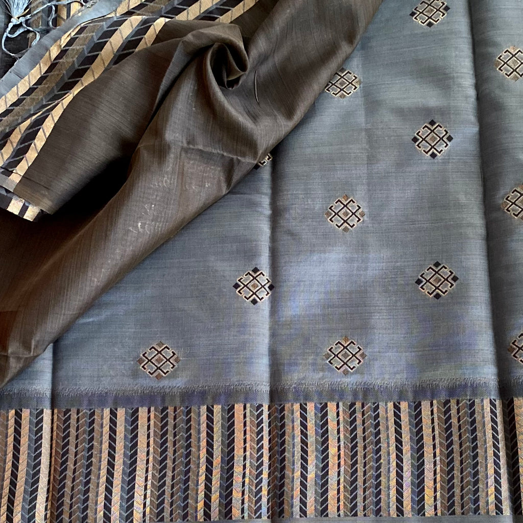 Slate Blue Champagne Gold Chevron Pallu Diamond Buta Saree Traditional