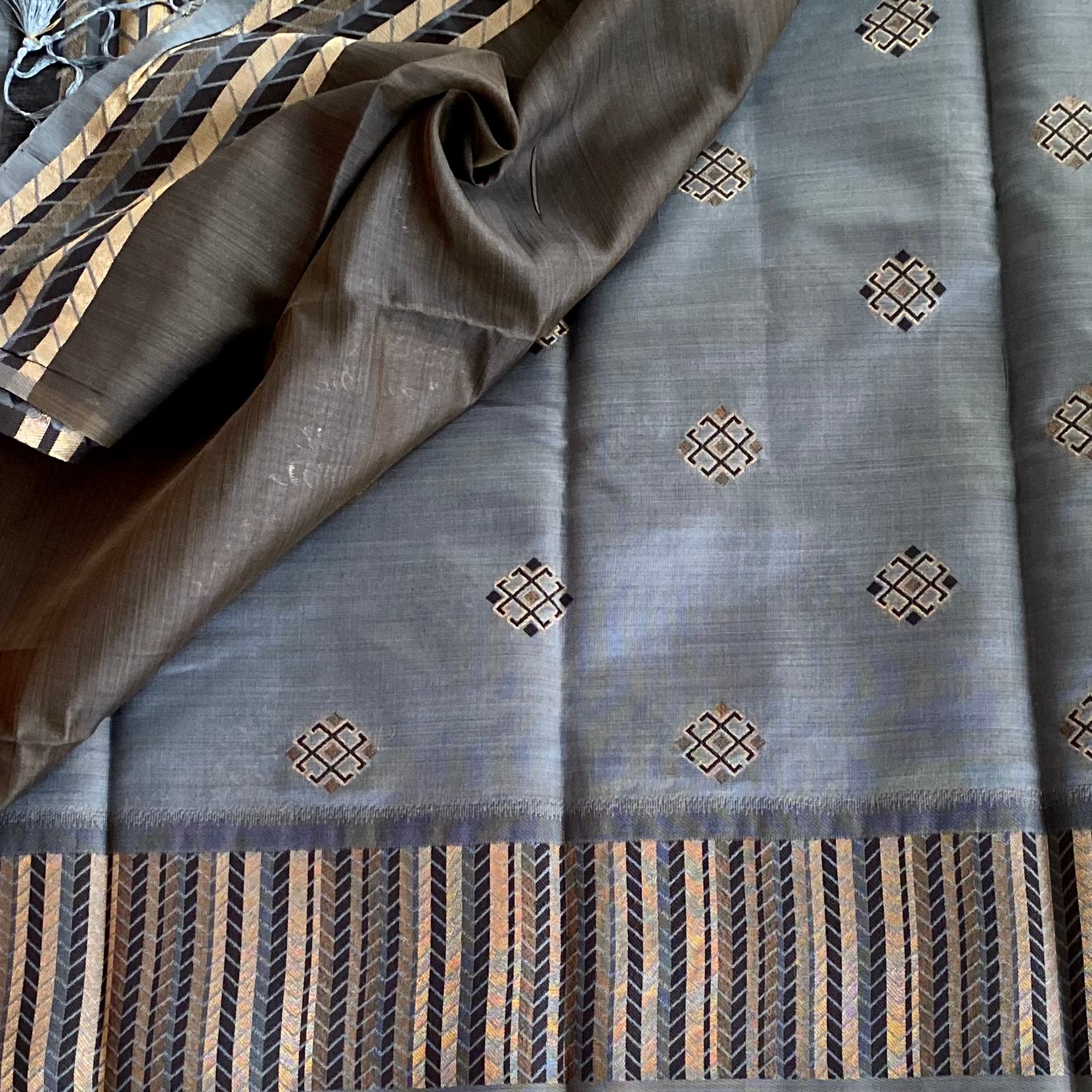 Slate Blue Champagne Gold Chevron Pallu Diamond Buta Saree Traditional