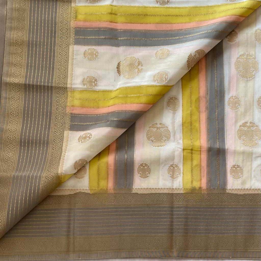 Gandaberunda Designer Soft Crepe Silk With Pearl Beige Lemon Yellow