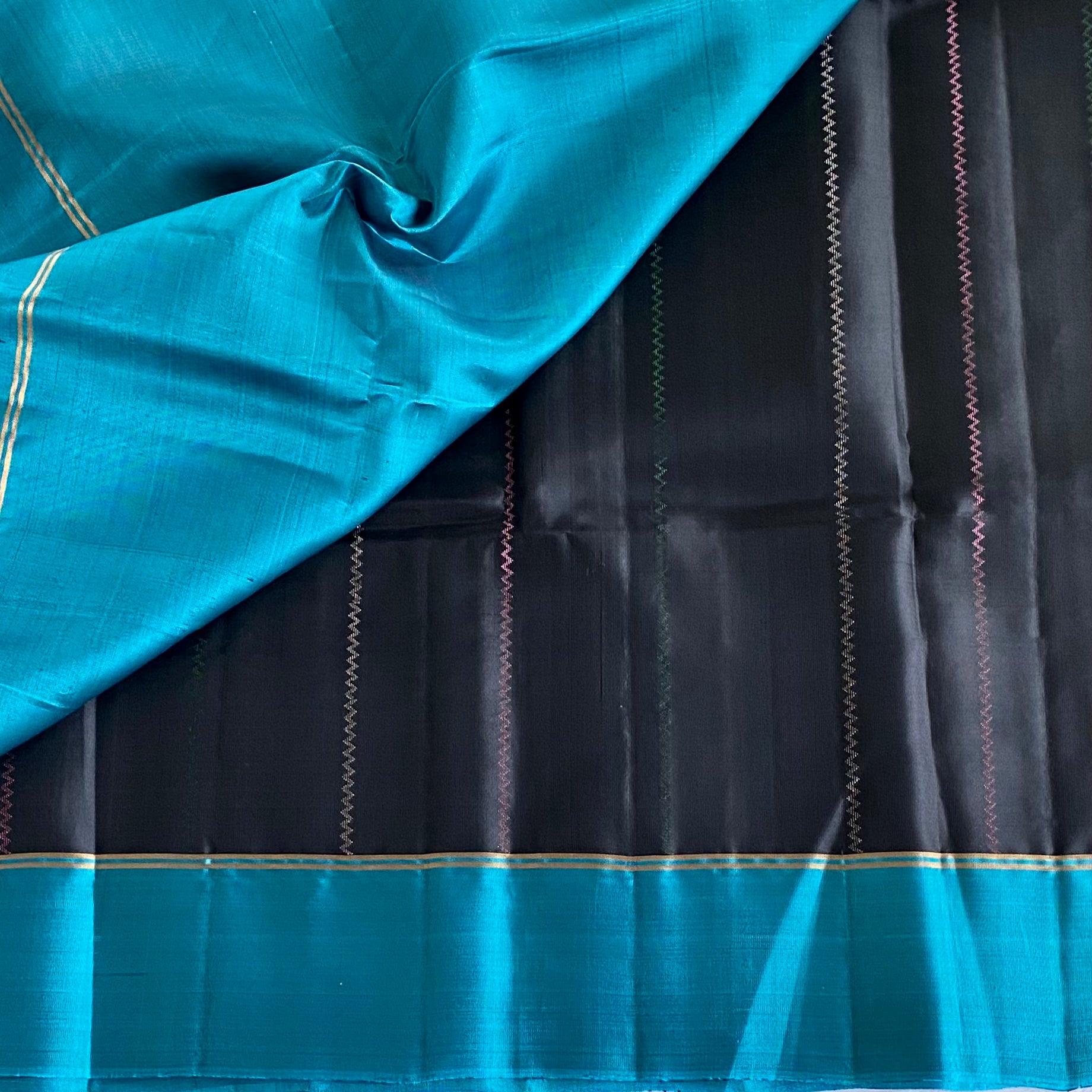 Jet Black Designer Pure Silk Saree With Teal Pallu And Gold Zari
