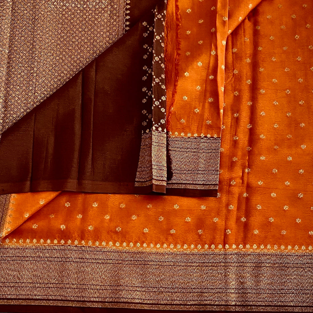 Burnt Orange Banarasi Soft Crepe Silk With Chocolate Brown Pallu