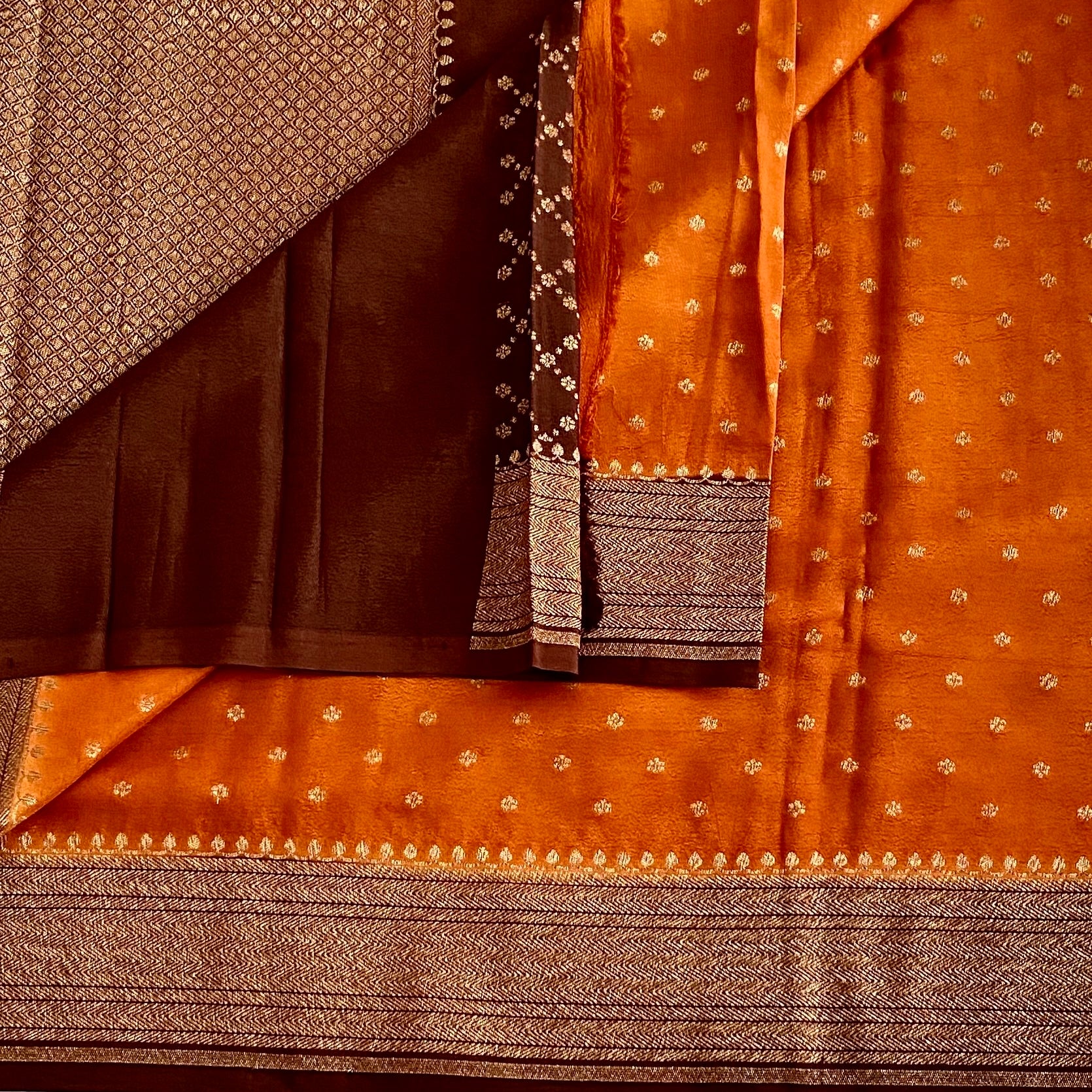 Burnt Orange Banarasi Soft Crepe Silk With Chocolate Brown Pallu
