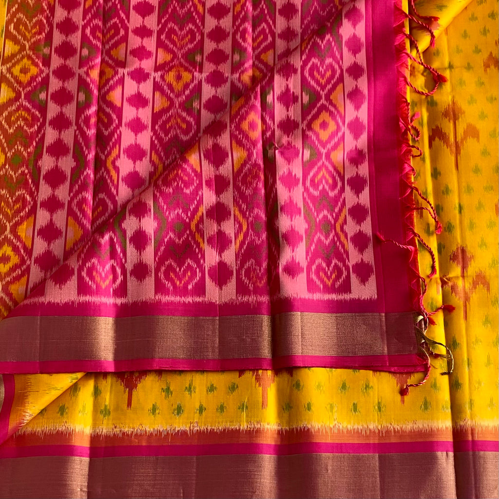 Mustard Yellow Designer Ikkat Pure Silk Saree With Rani Pink Pallu