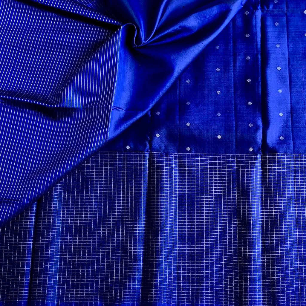 Royal Blue Designer Pure Silk Saree With Silver Floral Border And Tassels