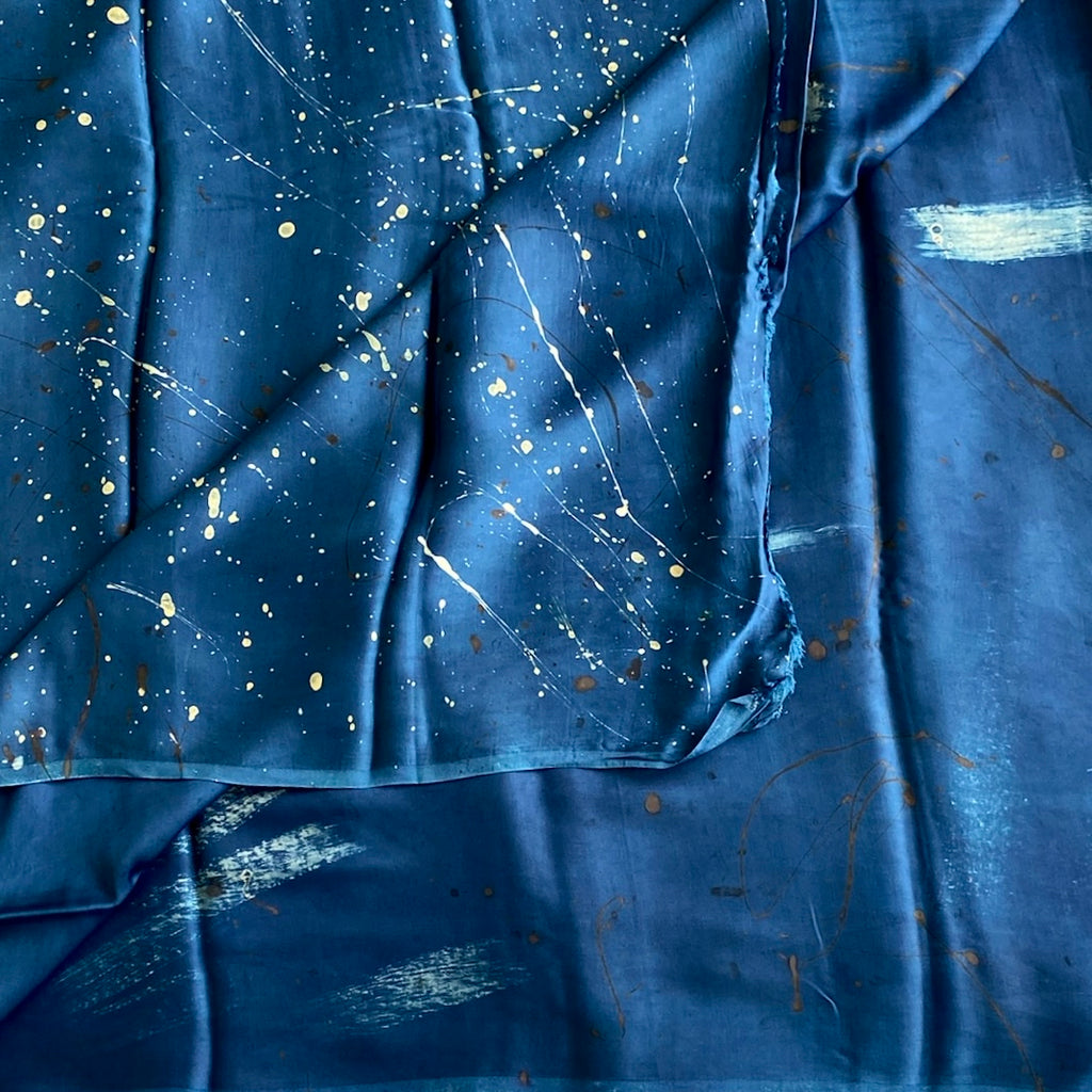 Starry Night Blue Ajrakh Handblock Printed Silk Saree With Antique Gold