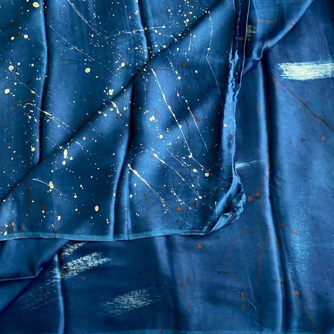 Starry Night Blue Ajrakh Handblock Printed Silk Saree With Antique Gold