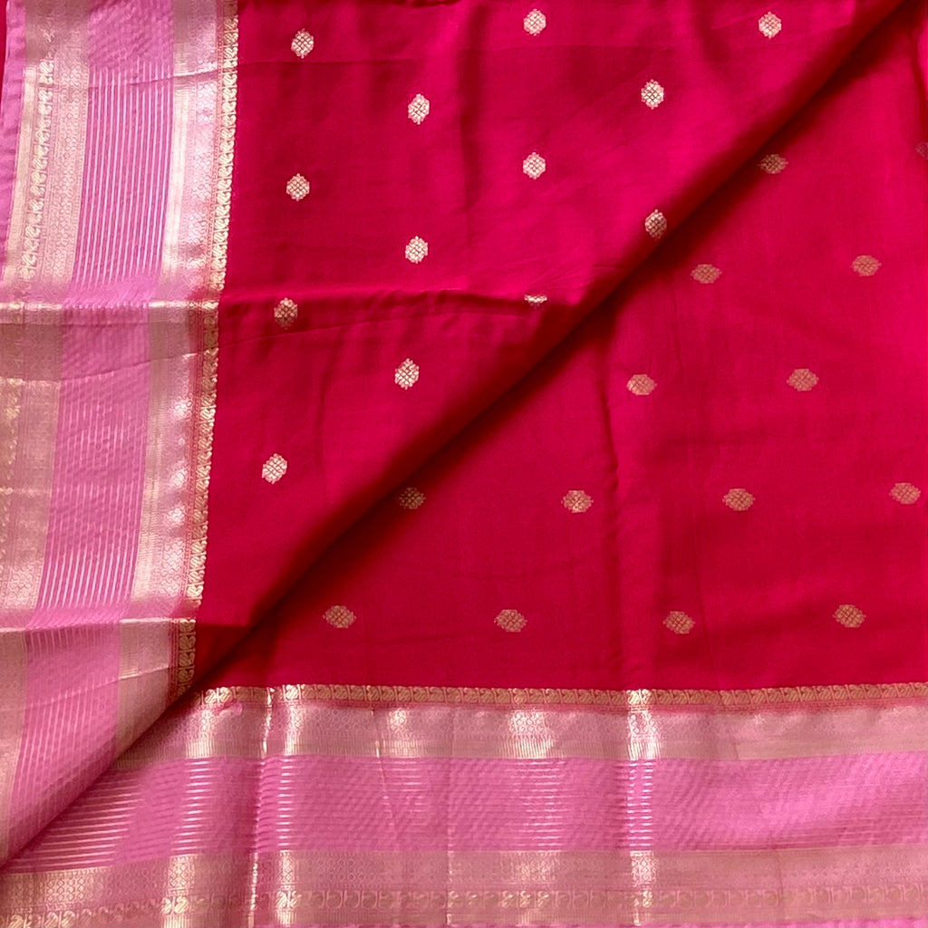 Deep cherry red with Rose Pink Pallu Antique Gold soft tussar