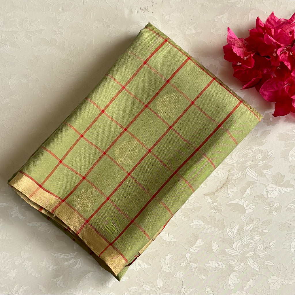 Sage Green Designer Pure Silk Saree With Crimson Red Pallu