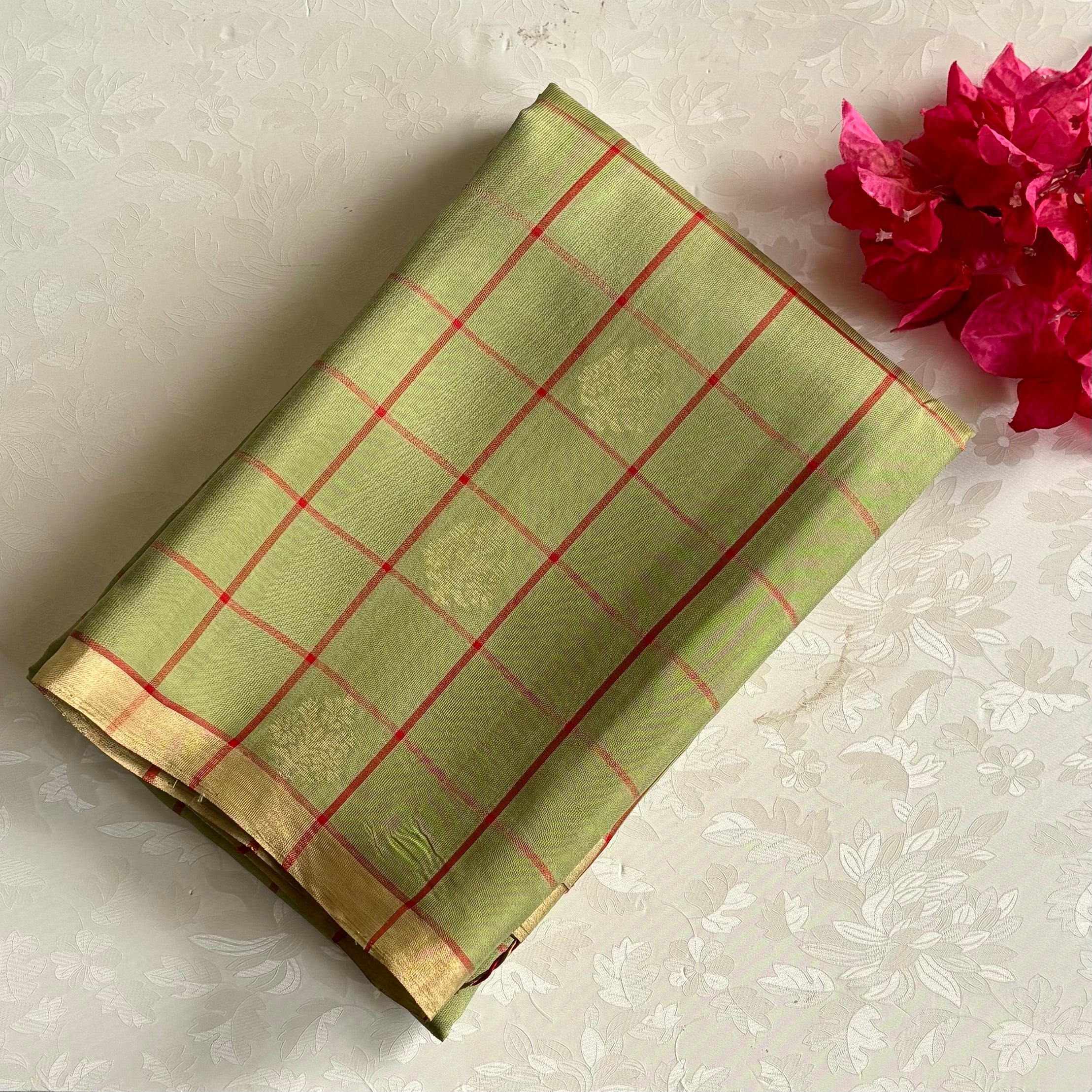 Sage Green Designer Pure Silk Saree With Crimson Red Pallu