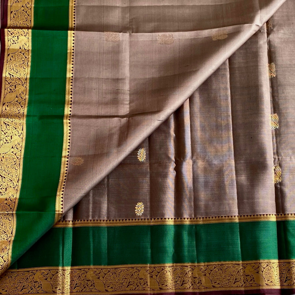Taupe Designer Pure Silk Saree With Emerald Green And Deep Maroon Pallu