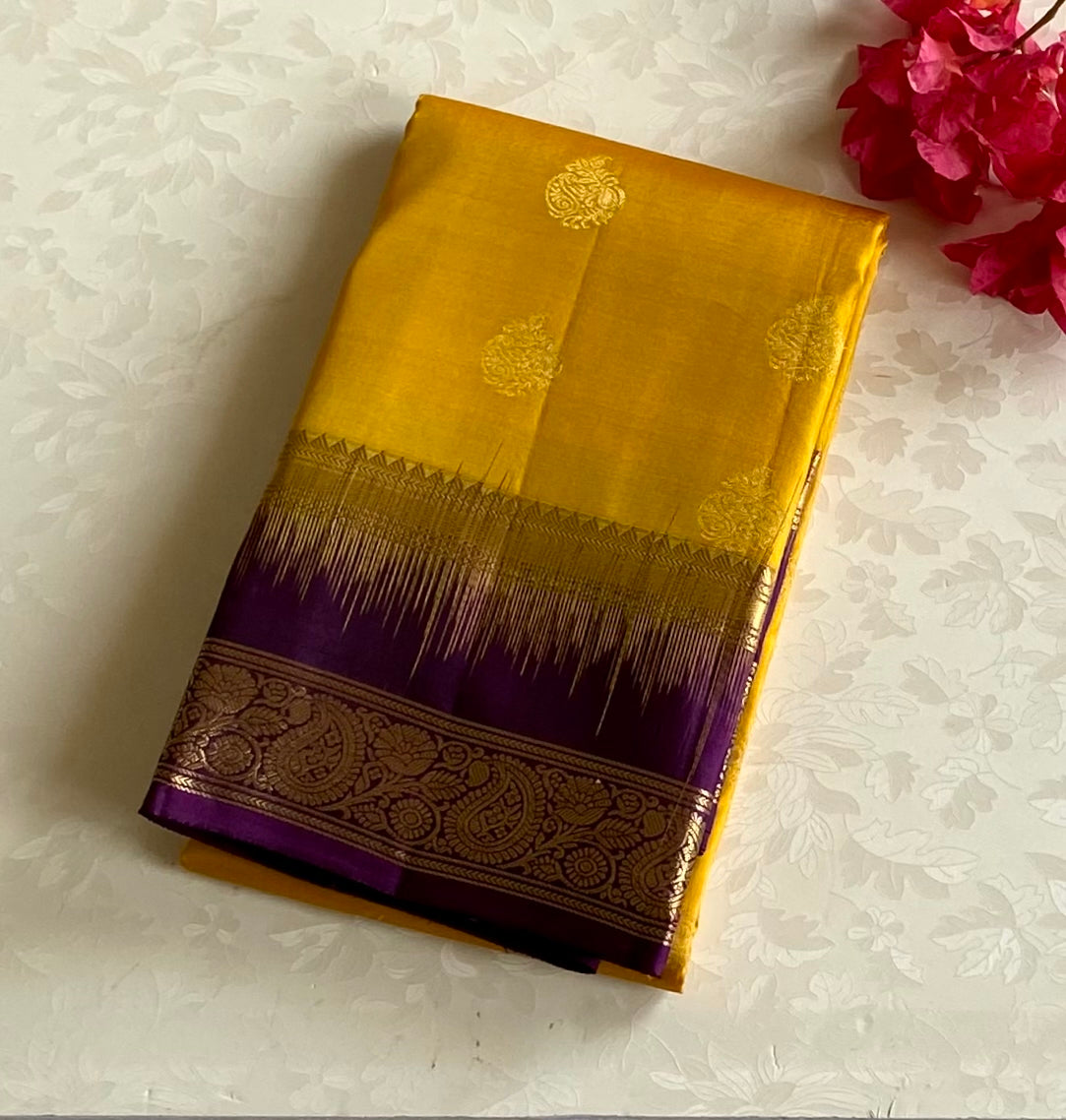 Golden Yellow Silk Saree Royal Purple Pallu Gold Zari Border