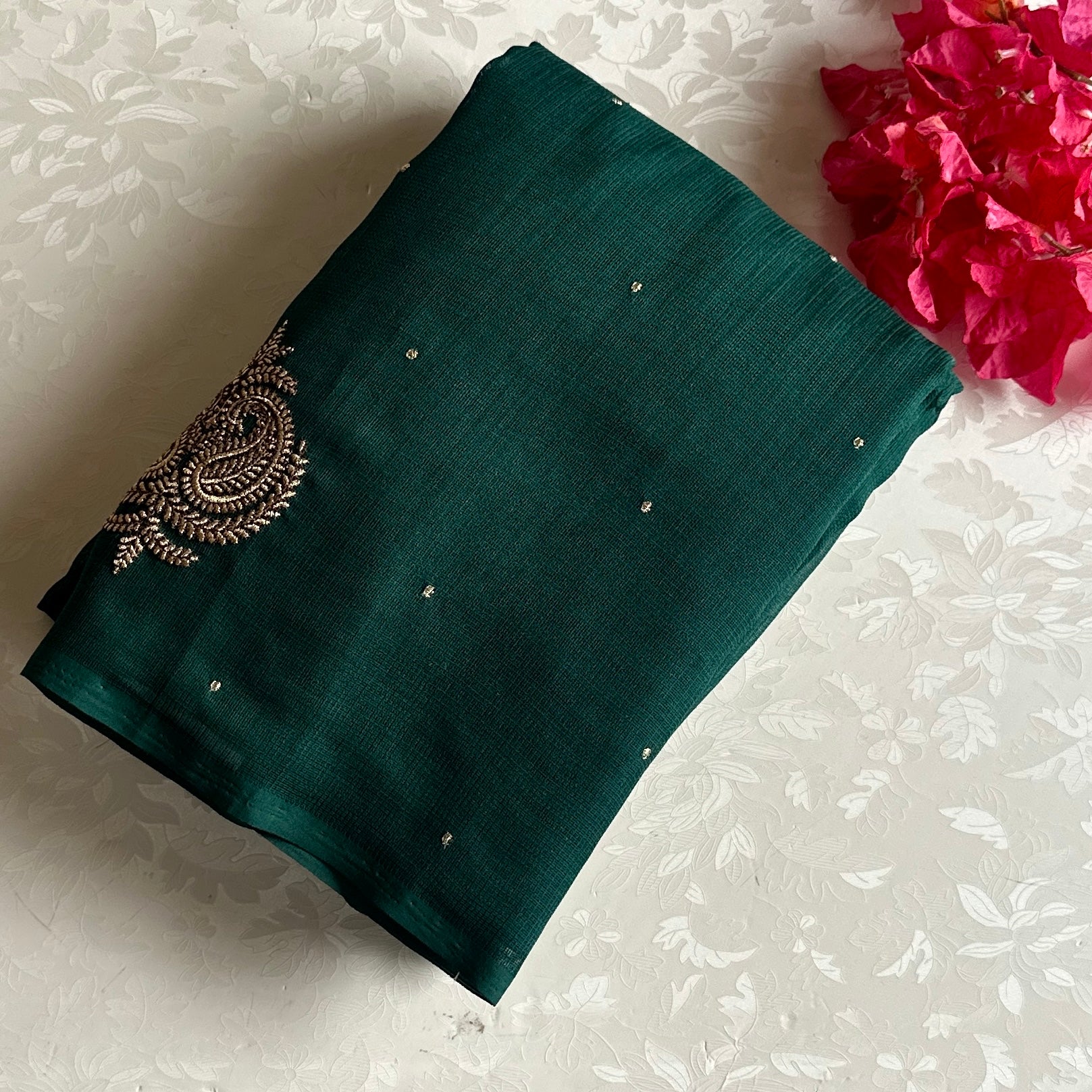 Emerald Green Soft Jute Tussar Saree With Metallic Gold Butis