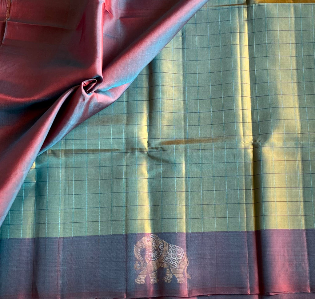 Rare Beauty Dual Shaded Teal Purple Pire Silk Saree with Elephant Border Checked borders