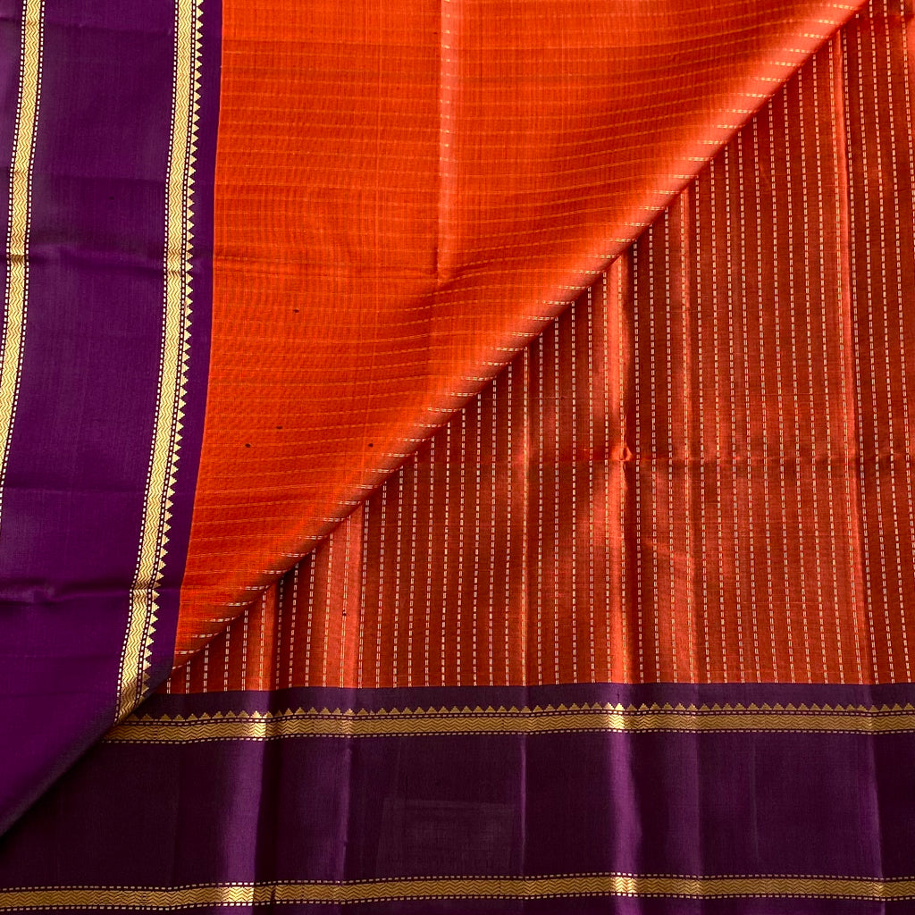 Burnt Orange & Deep Purple Designer Pure Silk With Retta Petta Borders