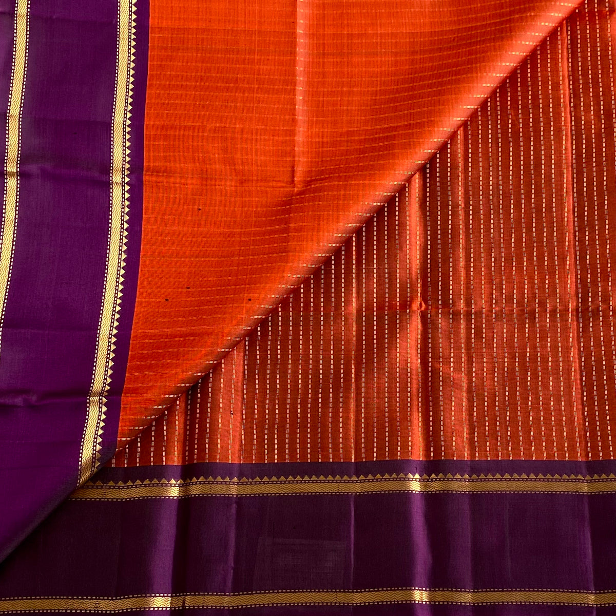 Burnt Orange & Deep Purple Designer Pure Silk With Retta Petta Borders