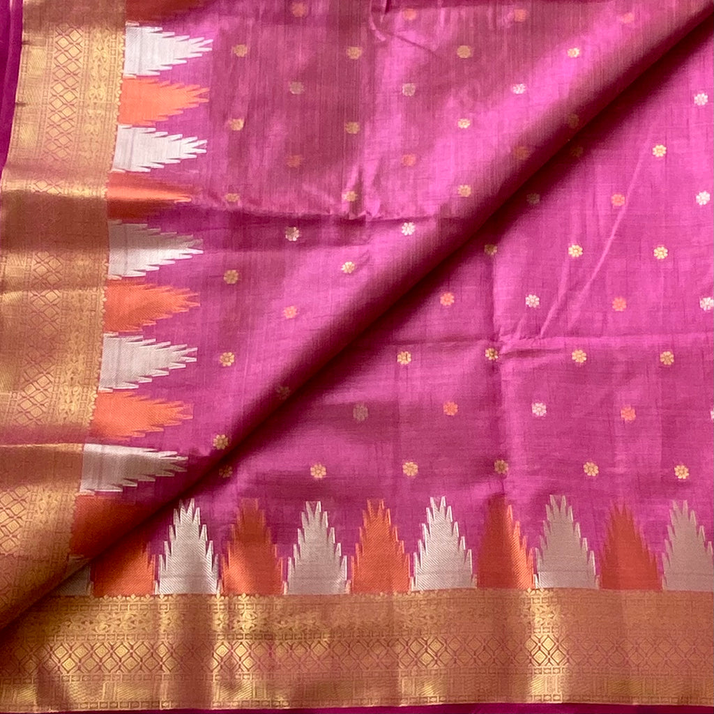 Deep mauve pink soft tussar silk with temple borders