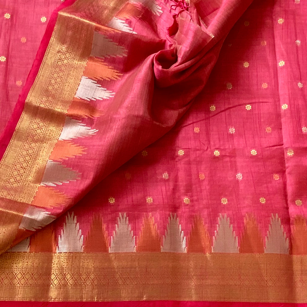 Kanakambari pinkish coral Gold soft tussar silk with temple borders