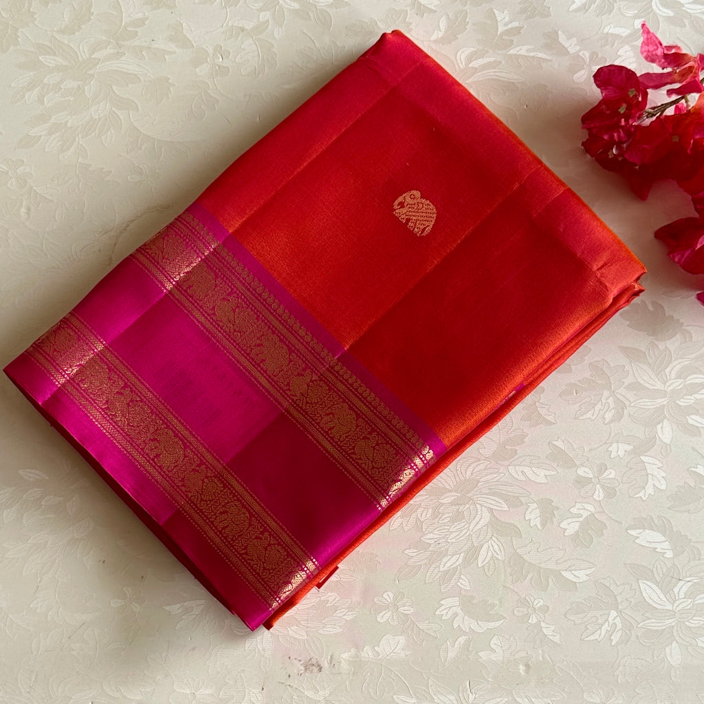 Tangerine Orange Designer Pure Silk With Retta Pett Borders Rani Pink Pallu