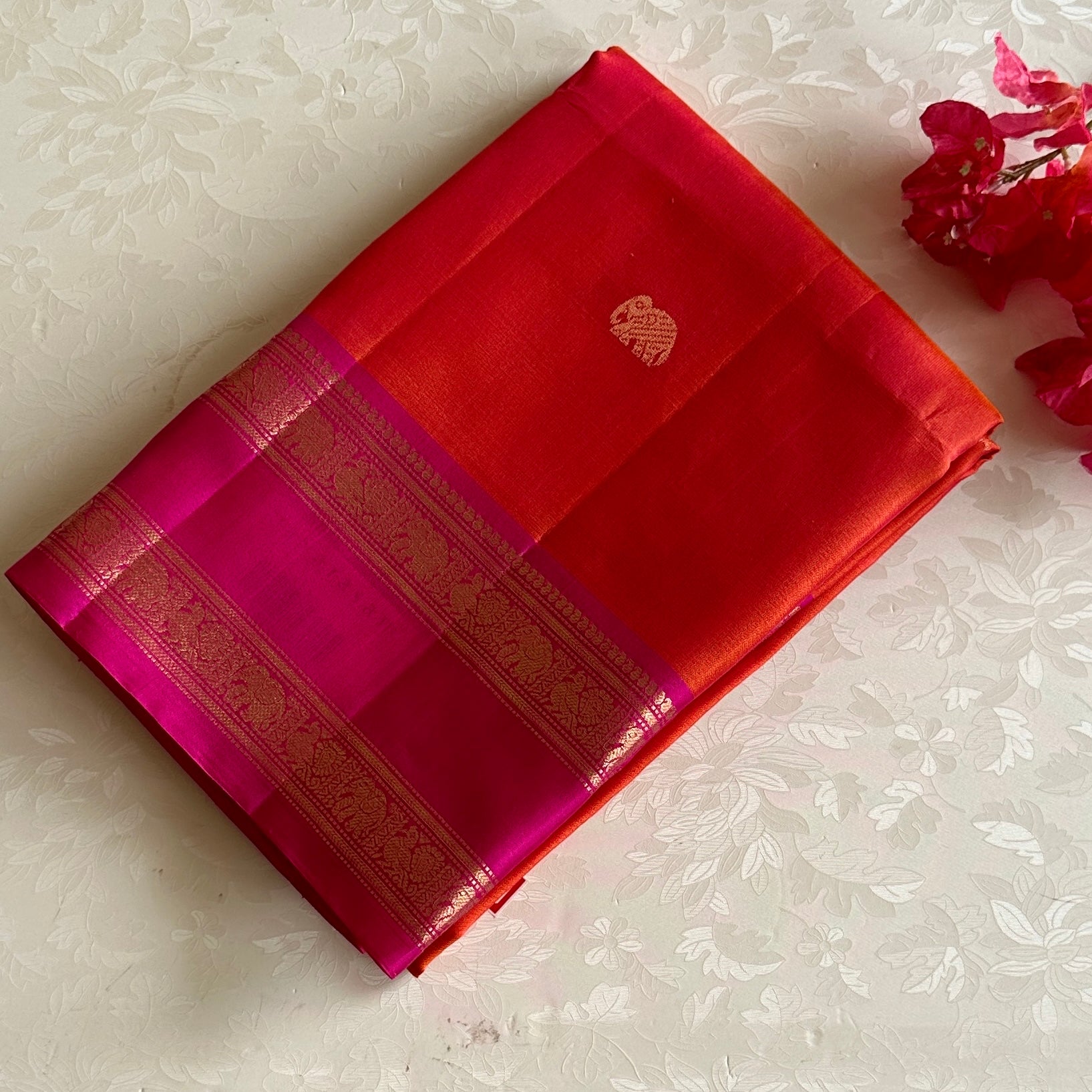 Tangerine Orange Designer Pure Silk With Retta Pett Borders Rani Pink Pallu
