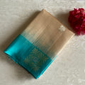 Pearl Beige Designer Pure Silk Saree With Rich Turquoise Blue