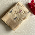 Light Beige Embroidered Saree Gold Sprigs Navy Pink Motifs Tassel