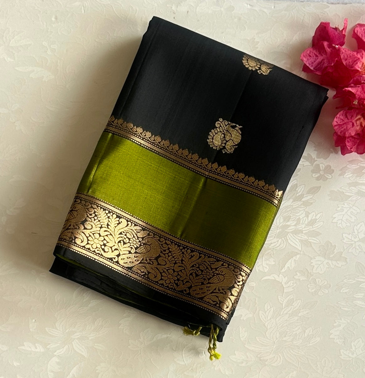 Navi Black with stunner Olive green Designer pure silk with peacock zari buttas